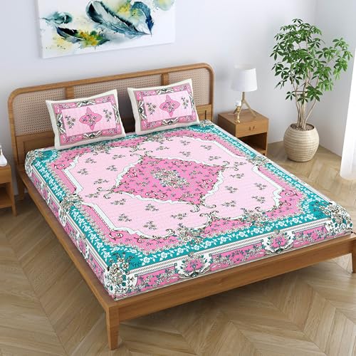 SheetKart Pure Cotton Jaipuri Printed King Size Traditional Double Bedsheet with 2 Pillow Covers - Pink Teal - Image 4