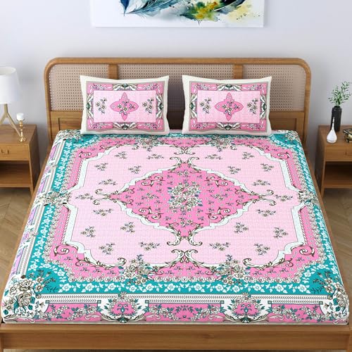 SheetKart Pure Cotton Jaipuri Printed King Size Traditional Double Bedsheet with 2 Pillow Covers - Pink Teal - Image 2