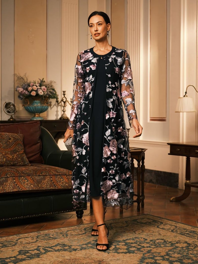 ORAULISA Women's Maxi Dresses 2 Piece Outfit Wedding Guest Cocktail Tea Party Dress Ruffle Lace Floral Casual Formal Evening Dress Black - Image 2