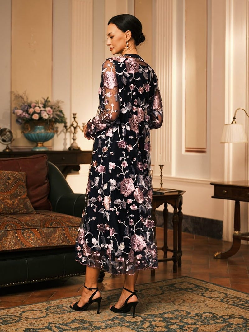 ORAULISA Women's Maxi Dresses 2 Piece Outfit Wedding Guest Cocktail Tea Party Dress Ruffle Lace Floral Casual Formal Evening Dress Black - Image 3