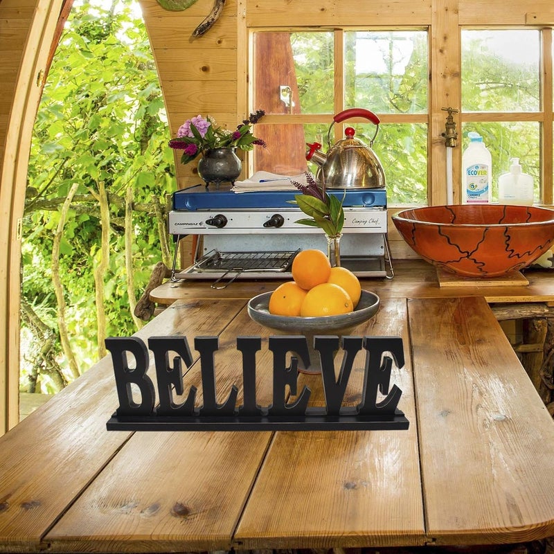 Linfevisi Black Wood Believe Sign Standing Block Letters Sign Rustic Freestanding Wood Word Decor Decorative Believe Table Sign Cutout Word Art Believe Shelf Decor (Black Believe Sign) - Image 5
