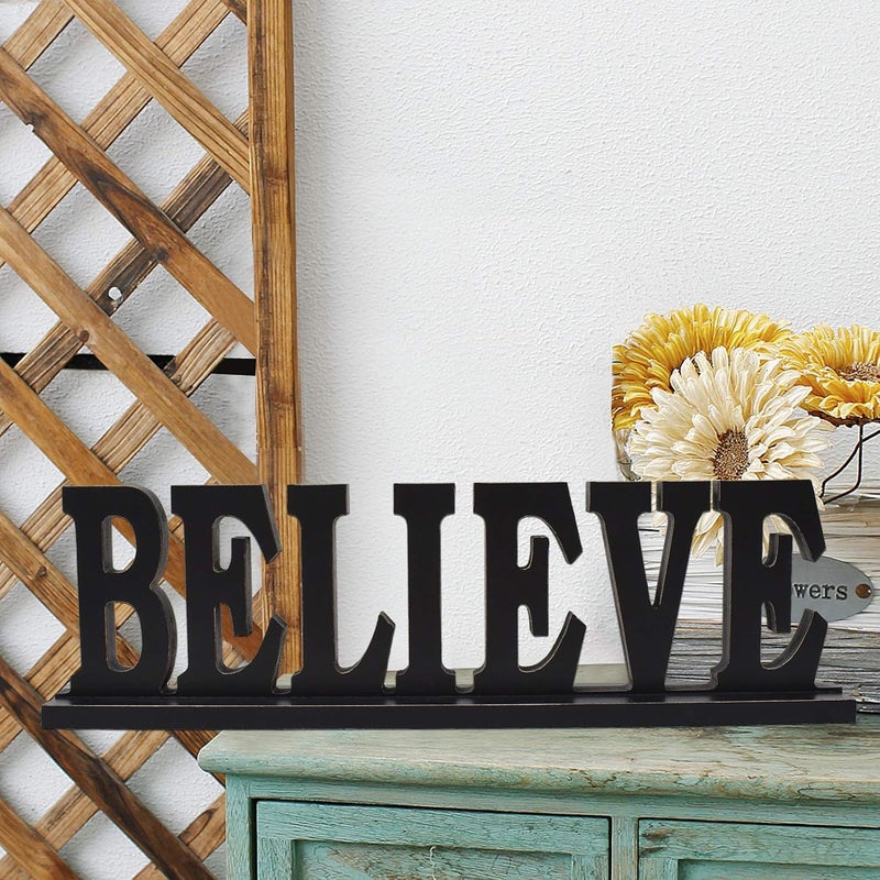 Linfevisi Black Wood Believe Sign Standing Block Letters Sign Rustic Freestanding Wood Word Decor Decorative Believe Table Sign Cutout Word Art Believe Shelf Decor (Black Believe Sign) - Image 4