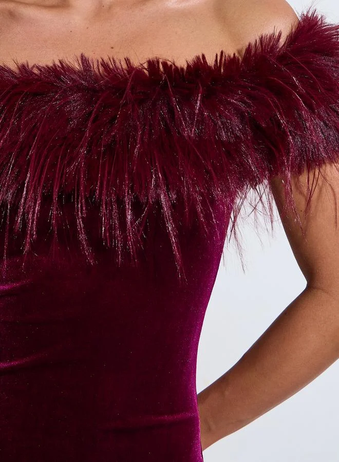 Styli  Off Shoulder Faux Fur Detail Mermaid Hem Maxi Dress for Women | Best Price UAE