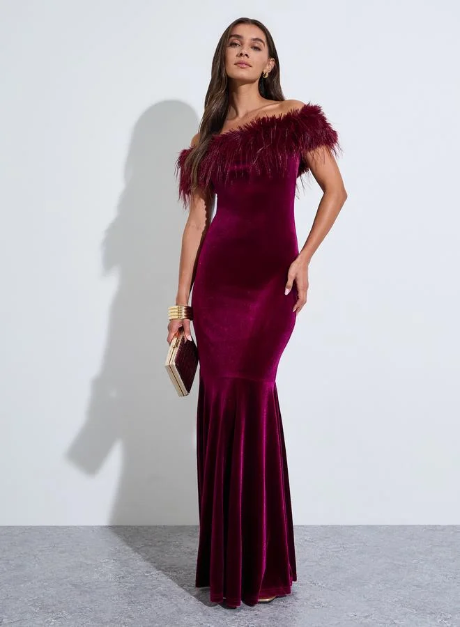 Off Shoulder Faux Fur Detail Mermaid Hem Maxi Dress