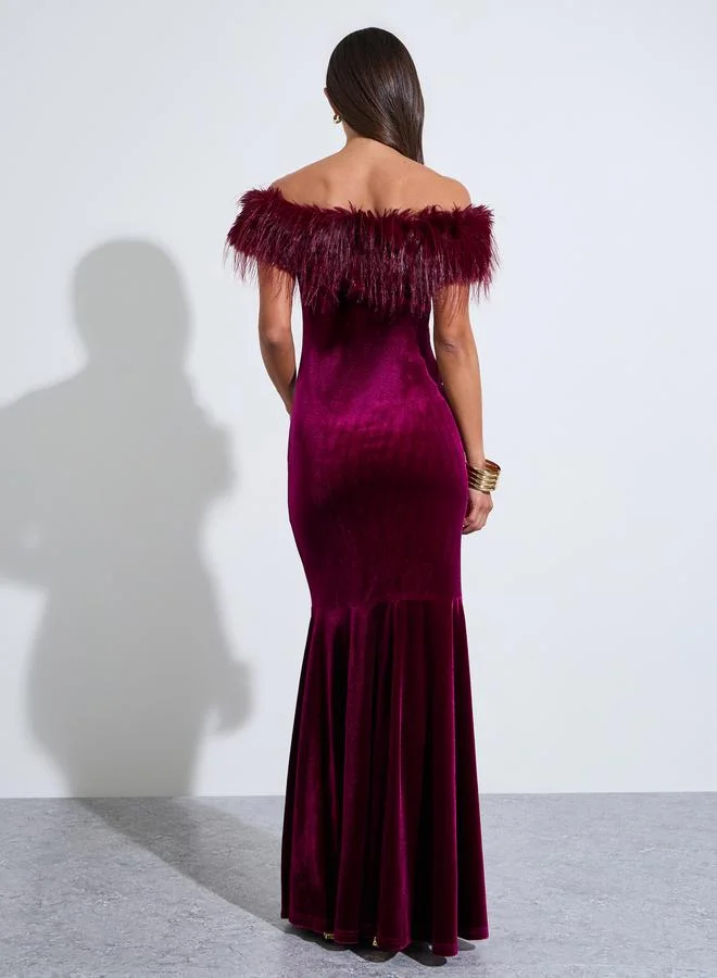 Styli  Off Shoulder Faux Fur Detail Mermaid Hem Maxi Dress for Women | Best Price UAE