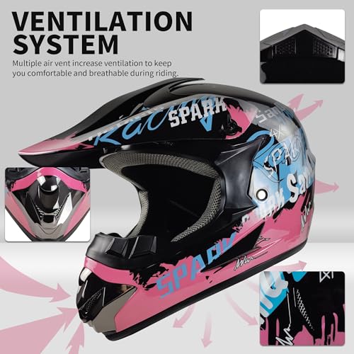 SanQing Motocross Helmet,Youth & Kids ATV Dirt Bike Motorcycle, BMX 4-Wheeler Off-Road Mountain Bike,DOT Certified,W/Gloves Goggles Mask 4-Piece Set (Pink, Medium) - Image 3