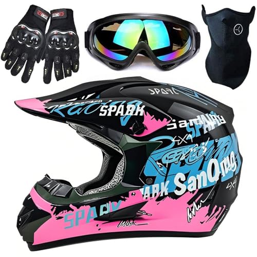 SanQing Motocross Helmet,Youth & Kids ATV Dirt Bike Motorcycle, BMX 4-Wheeler Off-Road Mountain Bike,DOT Certified,W/Gloves Goggles Mask 4-Piece Set (Pink, Medium) - Image 1