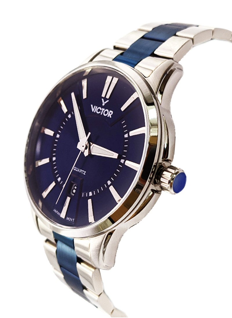 Victor - Victor Men Analog Quartz Navy Dial Silver Case Watch V1325 - Image 1
