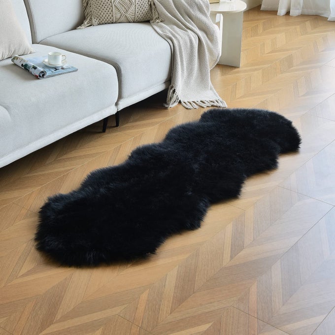 BLACK FAUX SHEEPSKIN RUNNER RUGS 2X6 FT FLUFFY SHAG FUR DRESSER RUNNER COUCH SOFA COVER WASHABLE