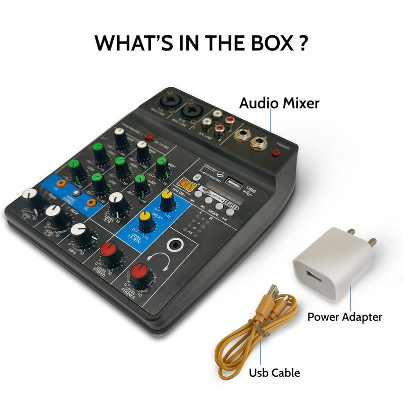 MX 4 Channel Audio Mixer – Basic Sound Mixing Console with Bluetooth USB 48V Phantom Power. Use for Basic audio learning set-up (NOT FOR RECORDING or PROFESSIONAL AUDIO MIXING CONSOLE) (1) - Image 2