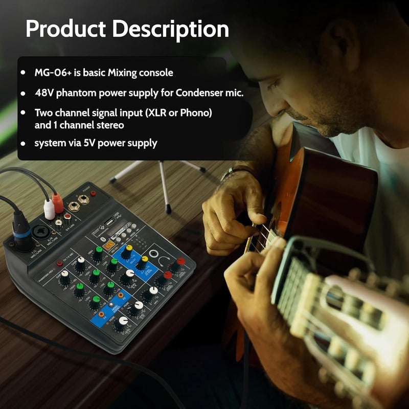 MX 4 Channel Audio Mixer – Basic Sound Mixing Console with Bluetooth USB 48V Phantom Power. Use for Basic audio learning set-up (NOT FOR RECORDING or PROFESSIONAL AUDIO MIXING CONSOLE) (1) - Image 3