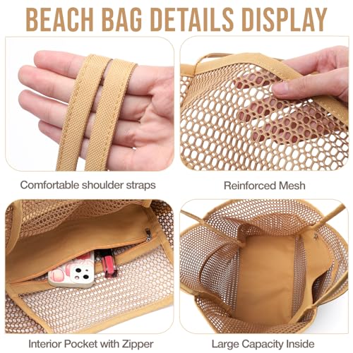KPX Mesh Beach Bag, Tote Bag for Women Large Foldable Mesh Swimming Bag with Pockets - Sandproof, Waterproof (Khaki) - Image 5
