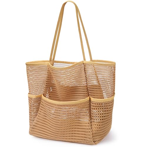 KPX Mesh Beach Bag, Tote Bag for Women Large Foldable Mesh Swimming Bag with Pockets - Sandproof, Waterproof (Khaki) - Image 1