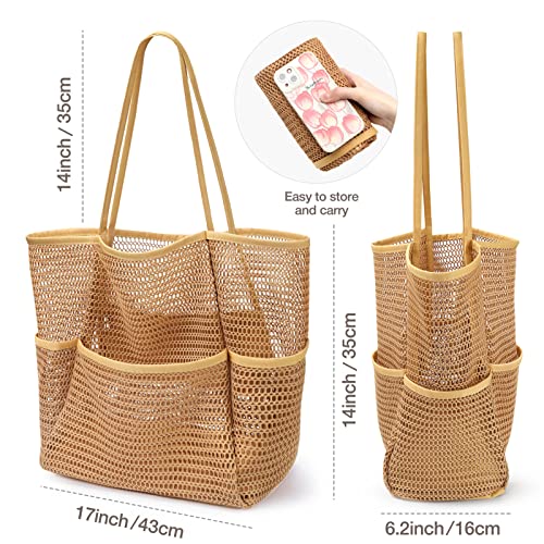 KPX Mesh Beach Bag, Tote Bag for Women Large Foldable Mesh Swimming Bag with Pockets - Sandproof, Waterproof (Khaki) - Image 2