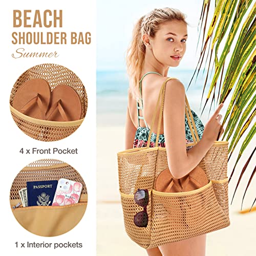 KPX Mesh Beach Bag, Tote Bag for Women Large Foldable Mesh Swimming Bag with Pockets - Sandproof, Waterproof (Khaki) - Image 4
