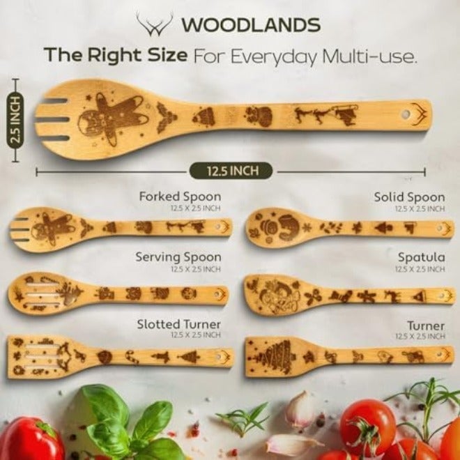 طقم ملاعق خشبية من WOODLANDS USA مكون من 6 قطع – أدوات مطبخ من الخيزران عالية الجودة للطهي غير اللاصق، ملاعق طبخ متينة - Image 5
