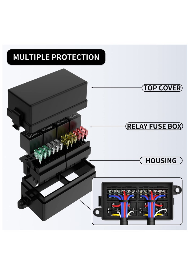 Excefore - 12 Volt Fuse Relay Box Pre-Wired Fuse and Relay Box with 4 Relays and 12 Way ATC/ATO Fuses Sealed 12V Relay Fuse Box Block for Auto Car Marine Boat - Image 1