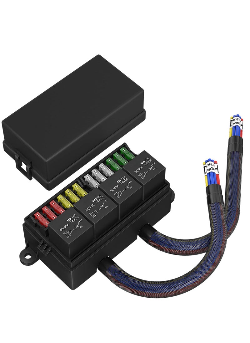 Excefore - 12 Volt Fuse Relay Box Pre-Wired Fuse and Relay Box with 4 Relays and 12 Way ATC/ATO Fuses Sealed 12V Relay Fuse Box Block for Auto Car Marine Boat - Image 1
