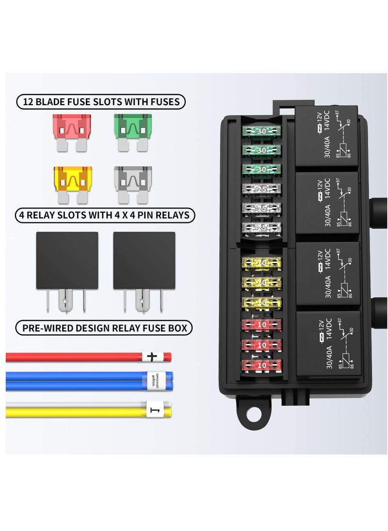 Excefore - 12 Volt Fuse Relay Box Pre-Wired Fuse and Relay Box with 4 Relays and 12 Way ATC/ATO Fuses Sealed 12V Relay Fuse Box Block for Auto Car Marine Boat - Image 1