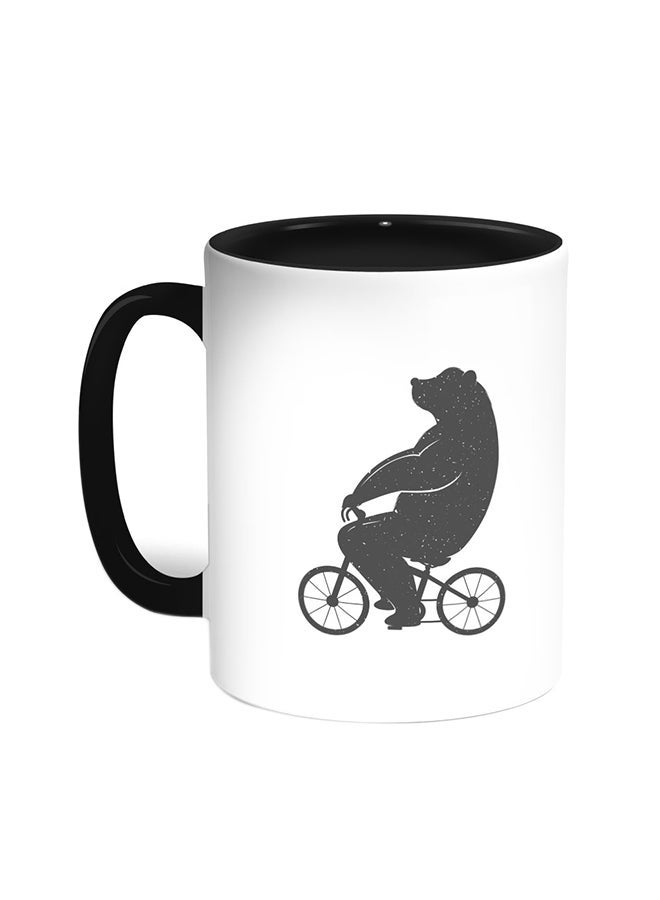 RYN Bear Driving A Bicycle Printed Coffee Mug Black/White 11ounce