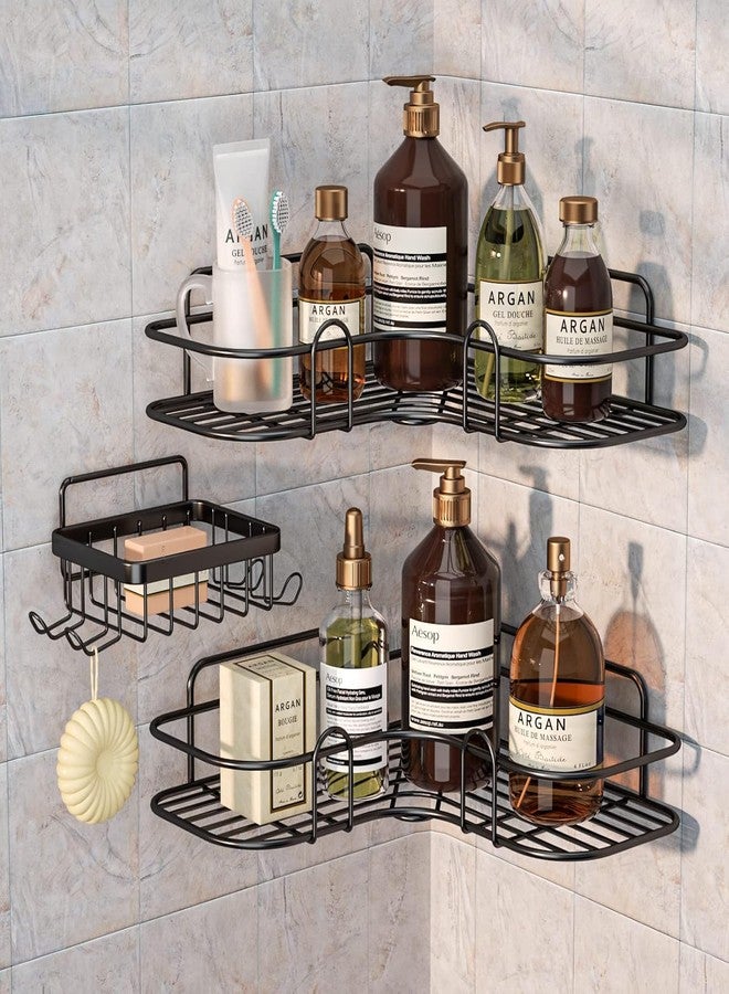 TORO Corner Shower Caddy, No Drilling Metal Shower Rack Wall Mounted Bathroom Shower Organizer Shelves for Inside Shower & Kitchen Storage (Pack 03) (Black) - Image 1