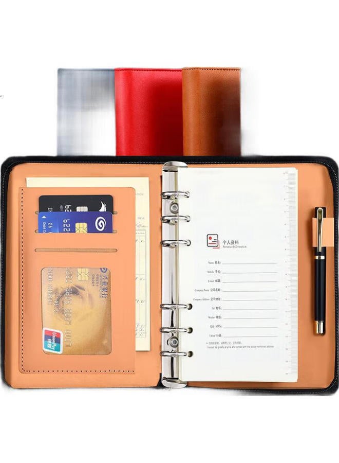 Jiaranheng Jiaran Heng A6 Business Loose-Leaf Notebook, Multifunctional Zipper Notebook, Detachable Replaceable Inner Pages, Simple Meeting Record Book, Work Diary, Customizable, Red - Image 1