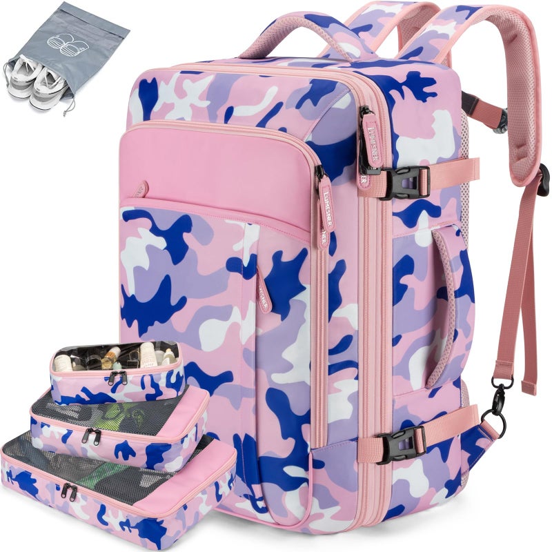 Lumesner Carry on Travel Backpacks Extra Large 40L Flight Approved for Men WomenExpandable Suitcase backpack Camouflage PinkBackpack With 4 Packing Cubes - Image 2