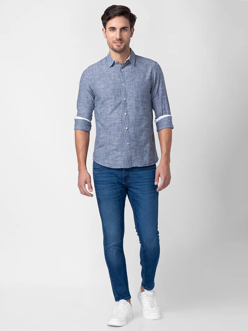 جلو باص قميص رجالي كاجوال كحلي سادة بقصة عادية