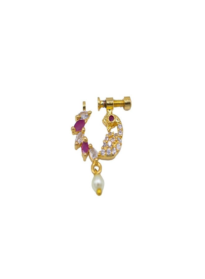 ZEELLO Fashion Traditional Gold Plated Peacock Design Nath with CZ Stones & Pearl Drop – Clip-On Nose Ring for Women & Girls - Image 1