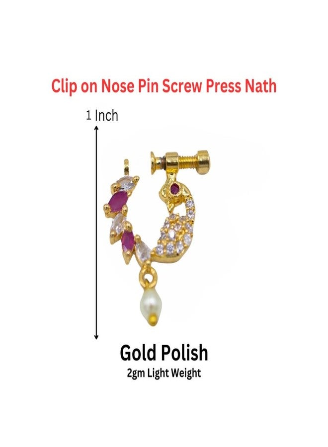 ZEELLO Fashion Traditional Gold Plated Peacock Design Nath with CZ Stones & Pearl Drop – Clip-On Nose Ring for Women & Girls - Image 3