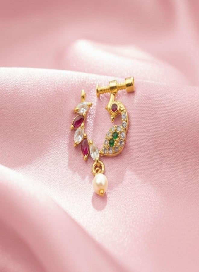 ZEELLO Fashion Traditional Gold Plated Peacock Design Nath with CZ Stones & Pearl Drop – Clip-On Nose Ring for Women & Girls - Image 4