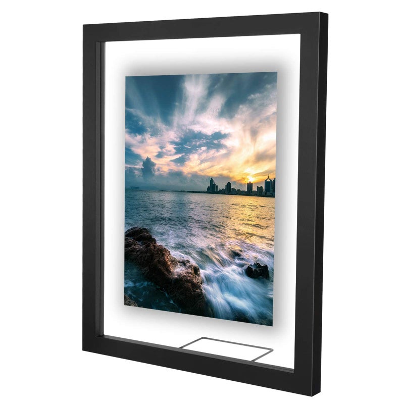 ONE WALL 11x14 Inch Floating Frame Black Wood Double Glass Float Picture Frame Display 11x148x105x7 Inch Photos or Plant or Petal Specimens for Wall and Tabletop  Mounting Accessories Included