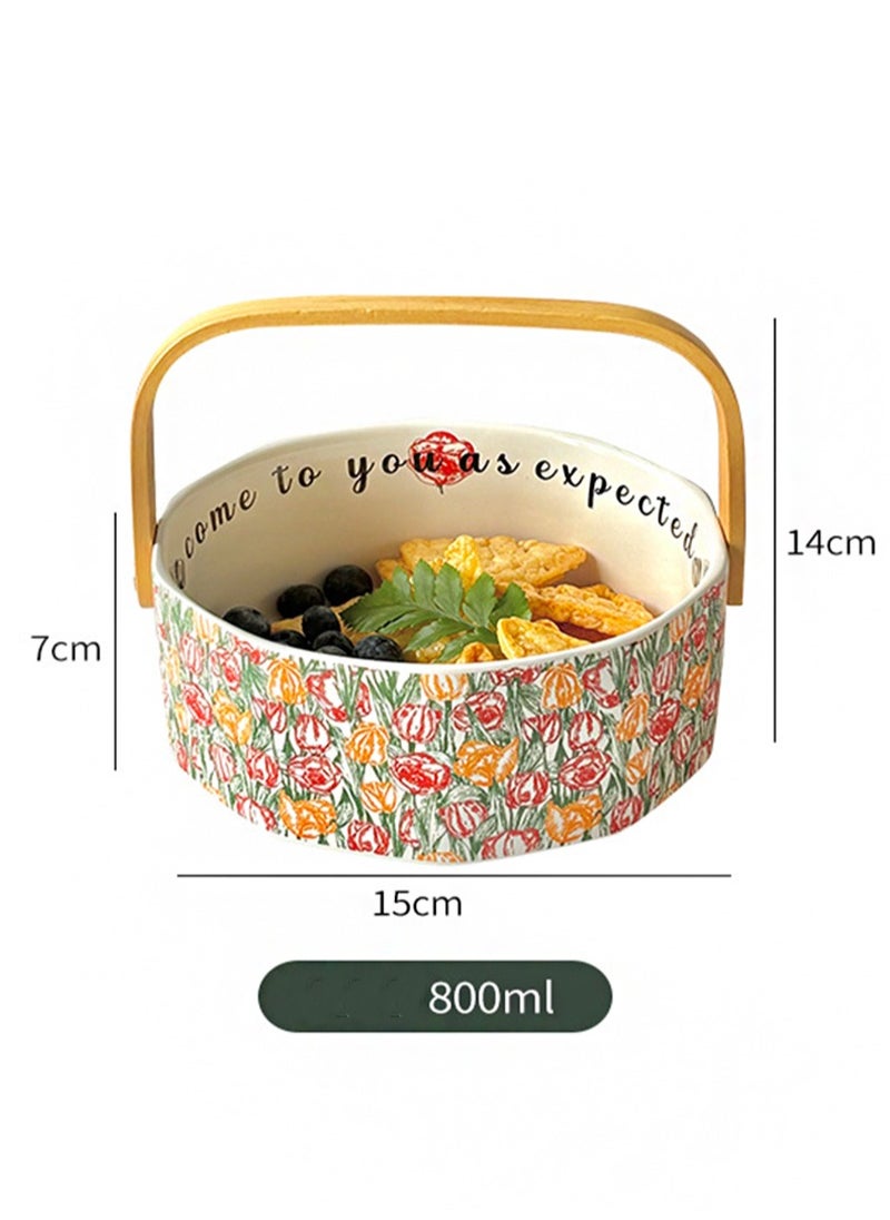 Aikanbo - Handmade Ceramic Fruit Basket, Approx. 800ml Fruit and Vegetable Container, Underglaze Floral Pattern, Kitchen Pottery Harvest Bowl Dried Fruit Storage Container(White Tulip) - Image 1