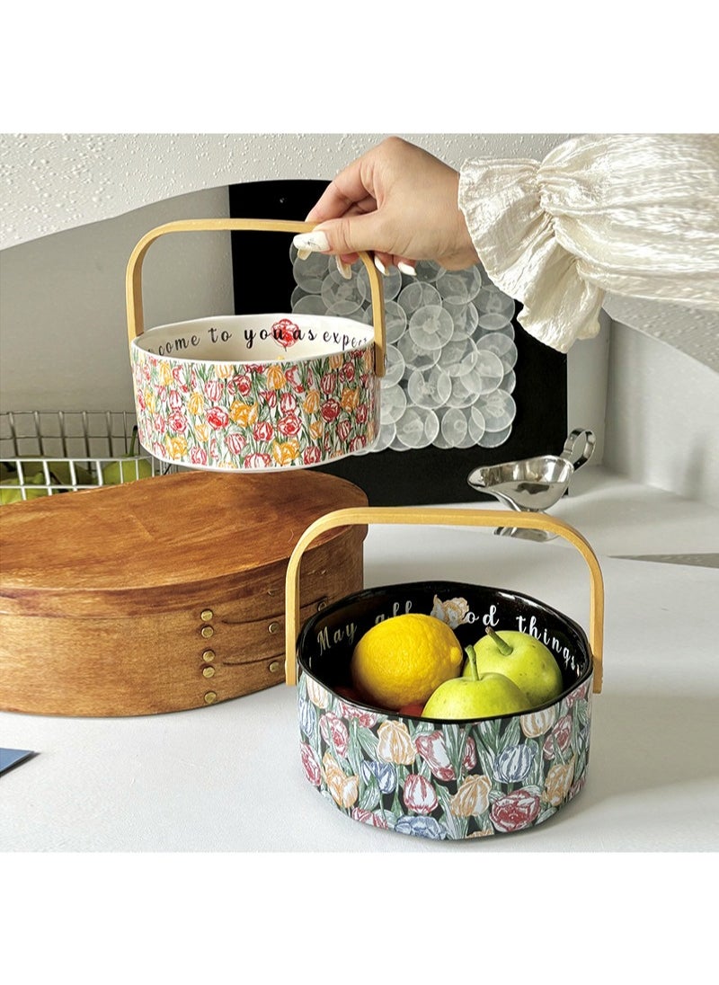 Aikanbo - Handmade Ceramic Fruit Basket, Approx. 800ml Fruit and Vegetable Container, Underglaze Floral Pattern, Kitchen Pottery Harvest Bowl Dried Fruit Storage Container(White Tulip) - Image 1