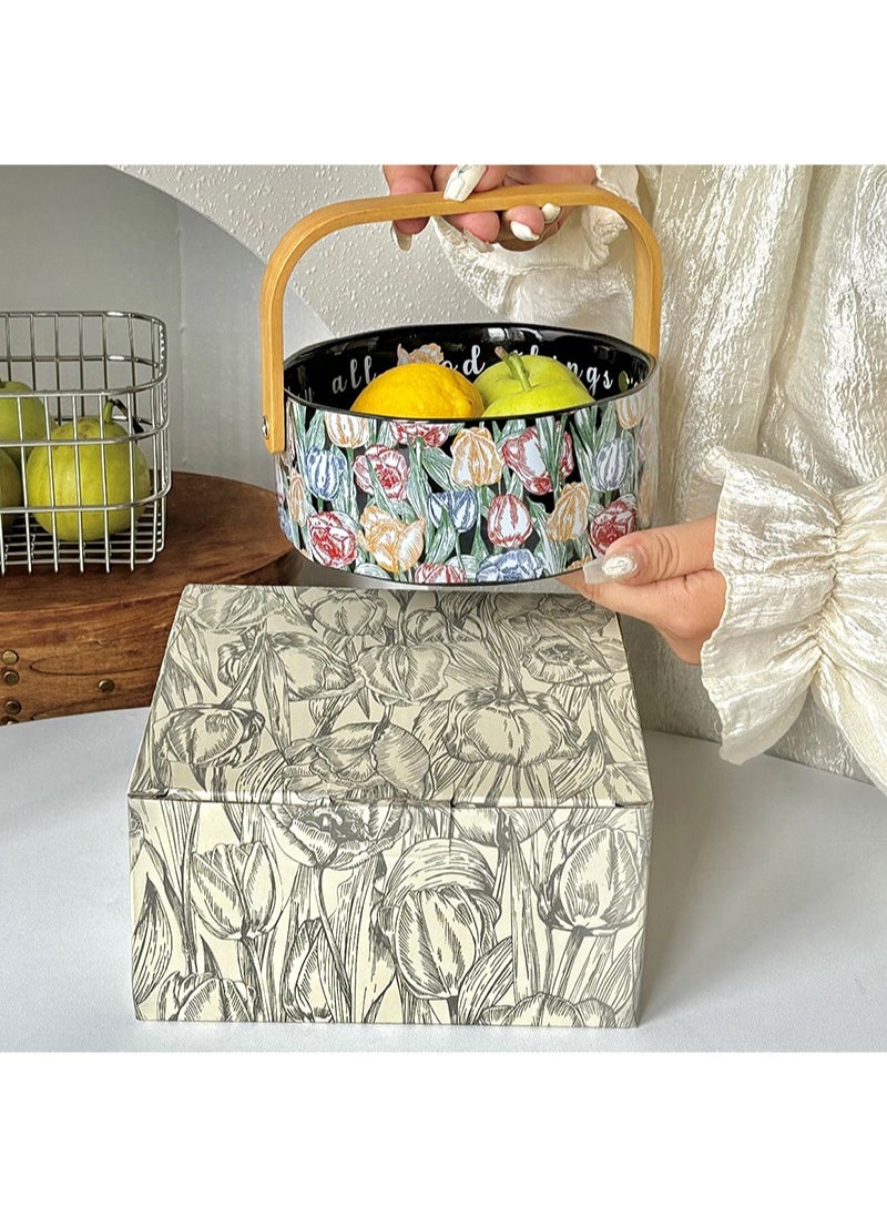 Aikanbo - Handmade Ceramic Fruit Basket, Approx. 800ml Fruit and Vegetable Container, Underglaze Floral Pattern, Kitchen Pottery Harvest Bowl Dried Fruit Storage Container(White Tulip) - Image 1
