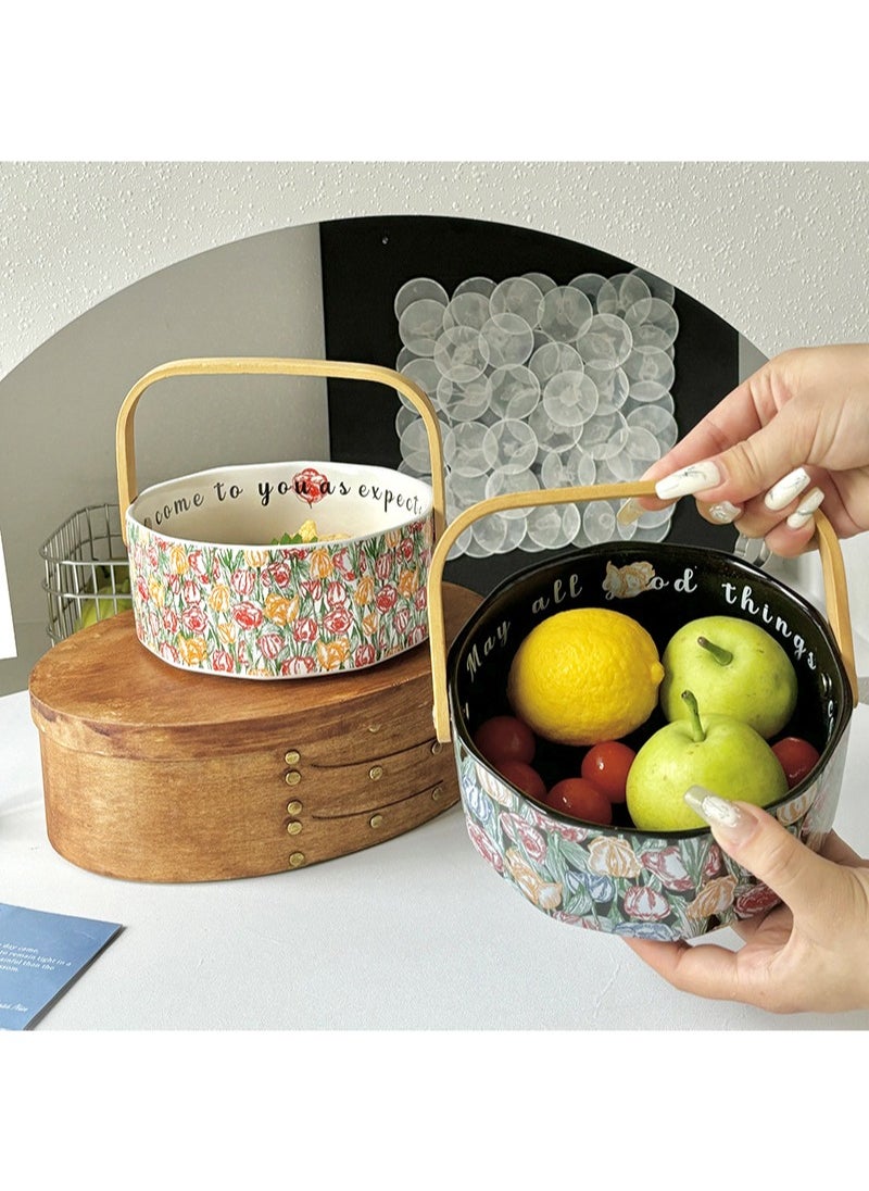 Aikanbo - Handmade Ceramic Fruit Basket, Approx. 800ml Fruit and Vegetable Container, Underglaze Floral Pattern, Kitchen Pottery Harvest Bowl Dried Fruit Storage Container(White Tulip) - Image 1