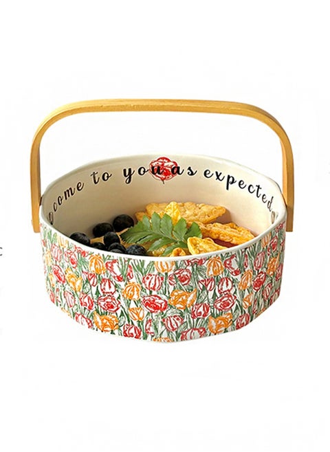 Handmade Ceramic Fruit Basket, Approx. 800ml Fruit and Vegetable Container, Underglaze Floral Pattern, Kitchen Pottery Harvest Bowl Dried Fruit Storage Container(White Tulip)