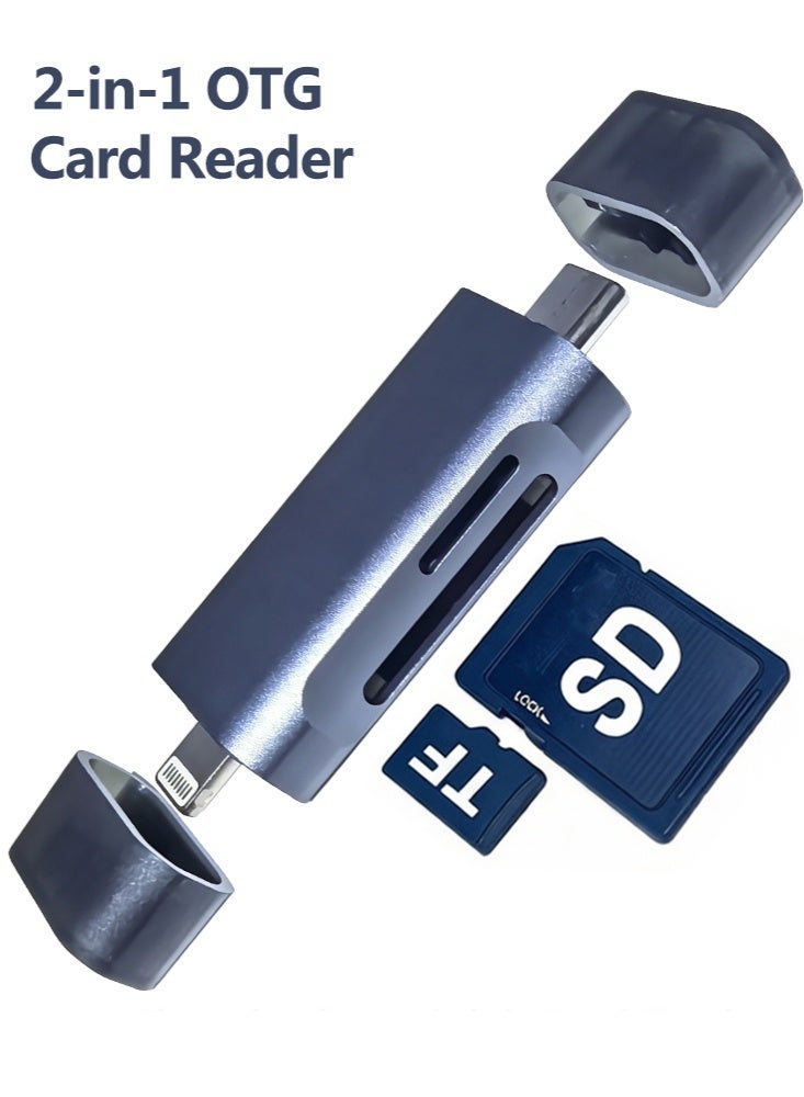 SD Card Reader for iPhone iPad Samsung Huawei Sony Google, Dual Connector (Lightning&USB-C) TF Micro SD SDXC SDHC Micro SDXC Micro SDHC MMC Memory Card Reader, 2 in 1 SD and TF Card Adapter Portable Trail Camera Viewer, No Driver Needed, Plug and Play