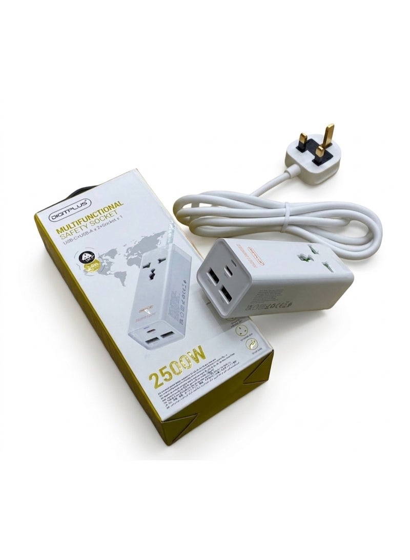 Digitplus DP-601B Multifunctional Safety Socket – 1 AC Outlet with 2 USB-A & 1 USB-C Ports, 2500W Power Strip, 2m Cable - Image 1