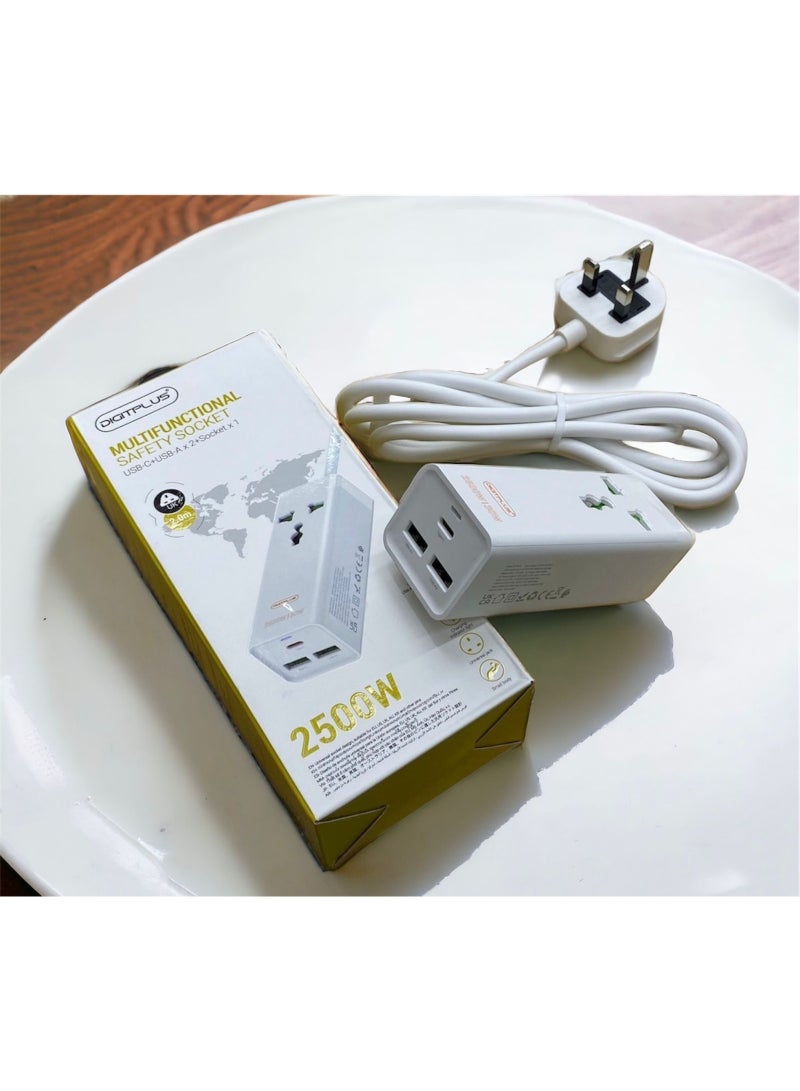 Digitplus DP-601B Multifunctional Safety Socket – 1 AC Outlet with 2 USB-A & 1 USB-C Ports, 2500W Power Strip, 2m Cable - Image 2