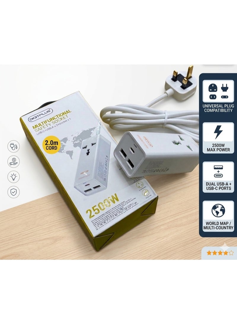 Digitplus DP-601B Multifunctional Safety Socket – 1 AC Outlet with 2 USB-A & 1 USB-C Ports, 2500W Power Strip, 2m Cable - Image 3