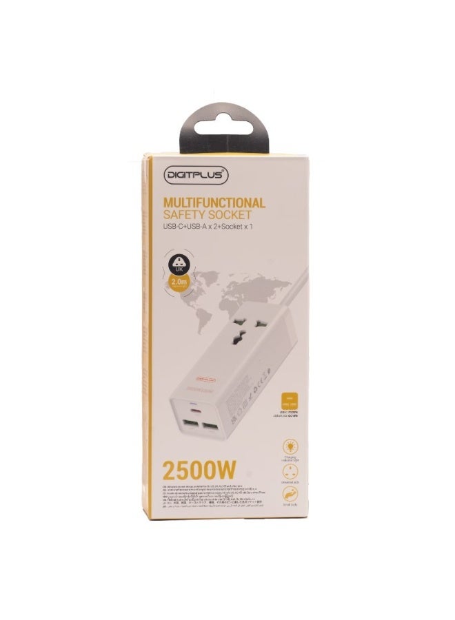 Digitplus DP-601B Multifunctional Safety Socket – 1 AC Outlet with 2 USB-A & 1 USB-C Ports, 2500W Power Strip, 2m Cable - Image 4