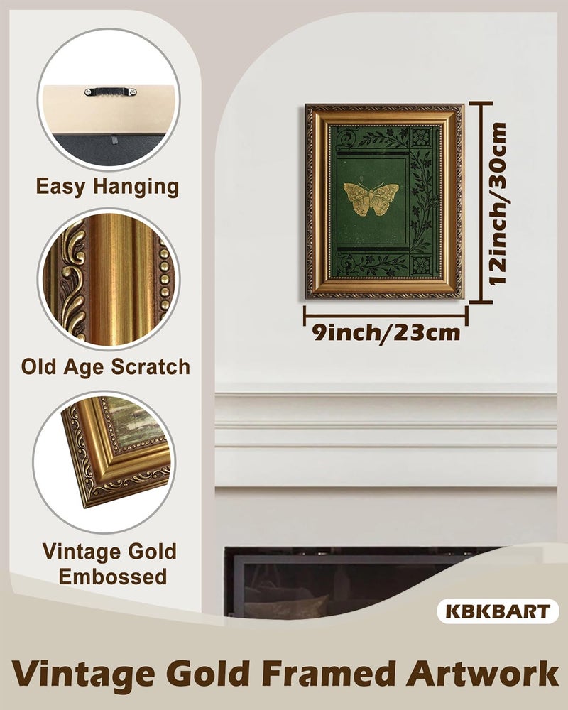 KBKBART Vintage Framed Wall Art for Living Room - Classical Emerald Green Old Bookcover Canvas Oil Painting Prints for Wall Decor  Gold Framed Vintage Wall Decor Aesthetic for Gallery Bedroom Bathroom Wall Decor  9""x12"" - Image 2