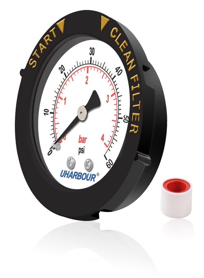 UHARBOUR Pool Filter Pressure Gauge 60psi with Teflon Tape Pre-Wrapped, Pool Pressure Gauge 2" Dial with Bezel, 190058 Replacement for Hayward&Pentair Pool Filter, 1/4 NPT Back Mount - Image 1