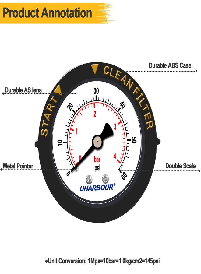 UHARBOUR Pool Filter Pressure Gauge 60psi with Teflon Tape Pre-Wrapped, Pool Pressure Gauge 2" Dial with Bezel, 190058 Replacement for Hayward&Pentair Pool Filter, 1/4 NPT Back Mount - Image 3