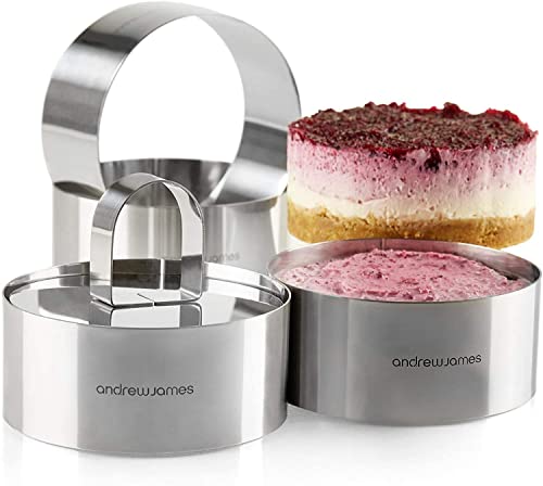 Andrew James Cooking Rings  Set of 4 Stainless Steel Cake Rings for Moulding  Presentation  Egg Rings Set Includes Food Press  Food Moulds for Freezer Oven  Dishwasher Safe 4cm x 9cm