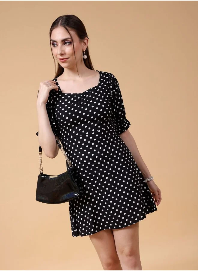 Freehand Women Fit and Flared Casual Polka Dot Sweetheart Neck Dress