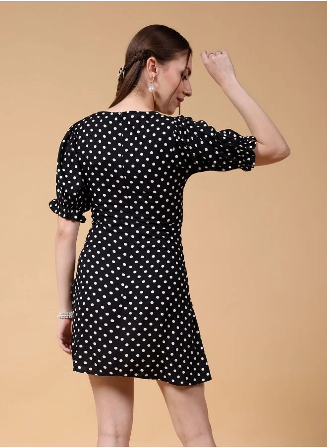 Freehand Women Fit and Flared Casual Polka Dot Sweetheart Neck Dress