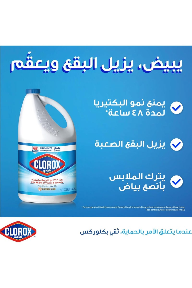 Clorox Liquid Bleach 3.78 L Kills 99.9% of Viruses and Bacteria, Inhibits Bacteria Growth for 48 Hours, Removes Stains - Image 2