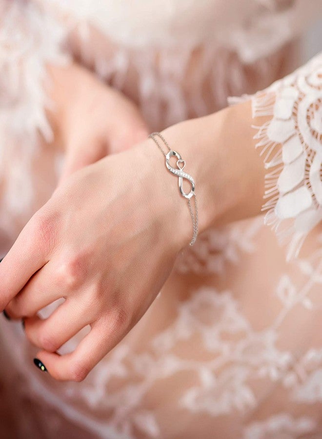 MABELLA Infinity Heart Adjustable Chain Bracelet 18K White Gold Plated Sterling Silver Endless Love Jewelry Gifts for Women - Image 2